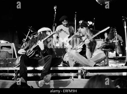 Von den Doobie Brothers - die amerikanische Rockband Auftritt beim Reading Festival 1977. Vorderseite: Gitarristen Patrick Simmons (links) Stockfoto