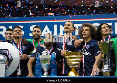 Joie PSG - Thiago Silva/Salvatore Sirigu/Lucas Moura/Zlatan Ibrahimovic/David Luiz/Edinson Cavani - 30.05.2015 - Auxerre/Paris Saint-Germain - Finale Coupe de France.Photo: Andre Ferreira/Icon Sport Stockfoto