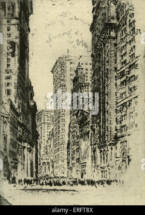 New York Stock Exchange und umliegenden Wolkenkratzer, Anfang des 20. Jahrhunderts. Radierung von Joseph Pennell, amerikanische Künstler: 4. Juli 1857 - 23. April 1926. Stockfoto