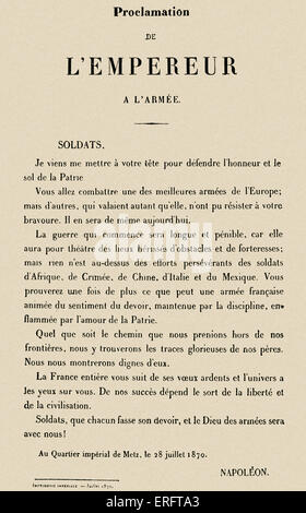 Verkündigung von Napoleon III von Frankreich, Adressierung der französischen Armee am 28. Juli 1870. Eine Offensive während vorbereiten seine Männer Stockfoto