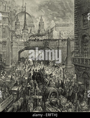 Das viktorianische London - Ludgate Hill und Fleet Street. Stau mit Kutschen und Schafen. Gravur von Gustave Doré aus "London, eine Wallfahrt von Gustave Doré und Blanchard Jerrold", 1872. Stockfoto