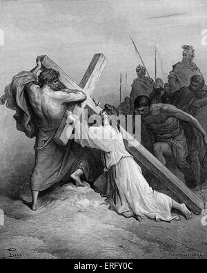 Jesus fällt unter dem Kreuz. 19. Jahrhundert Gravur von Gustave Dore, 1832-1883. Stockfoto