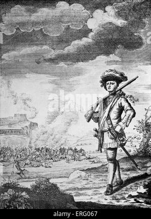 "Sir Henry Morgan, der Buccaneer vor Panama" Gravur. Im Hintergrund wird die Stadt von Panama, die Sir Henry Morgan überfallen, geplündert und brannte im Jahre 1671, angegriffen. HM: Walisischen Freibeuter, c. 1635-1688 geboren. Stockfoto