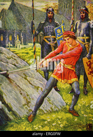King Arthur zieht das Schwert aus dem Stein, von Walter Crane. Nach der Legende, die Buchstaben rund um das Schwert Excalibur, Stockfoto