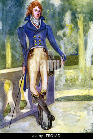 Mannes Kostüm in der Regierungszeit von George IV., König von England (1820 – 1830). Trägt einen 'Jean-de-Bry' Stil dunkelblauen Mantel mit Stockfoto