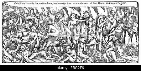 Hölle von Lucas Cranach. Deutsch sechzehnten Jahrhundert Holzschnitt, Dämonen und die verdammten darstellen. Bildunterschrift: "Gehet Hin von Mir IGV Stockfoto