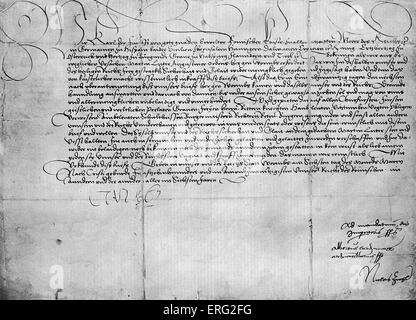 Brief von Charles V an Martin Luther seine Sicherheit auf seiner Reise nach Worms zu gewährleisten. 1521 datiert. ML Deutsch Chrisitian Kirche Reformer 10 November 1483-18 Februar 1546. Charles V Heiligen römischen Kaiser 24 Februar 1500-21 September 1558. Stockfoto