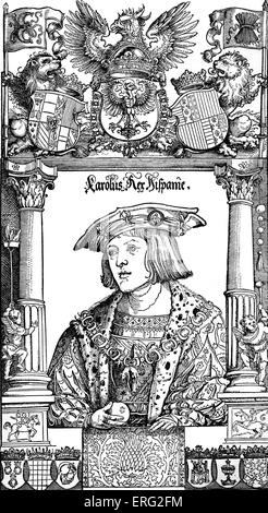 Karl v. als Jugendlicher.  Charles V Heiligen römischen Kaiser 24 Februar 1500-21 September 1558.  Zeitgenössischer Holzschnitt. Stockfoto