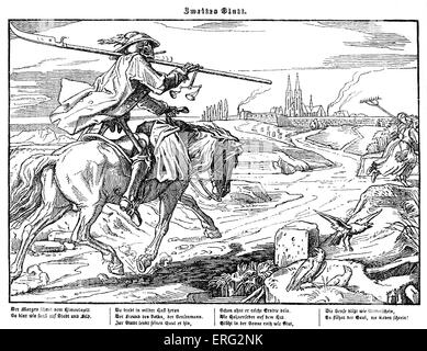 Totentanz 1848: Tod reitet durch die Landschaft in Richtung Stadt. Zweite Platte in einer Serie von sechs von Alfred Rethel. Stockfoto