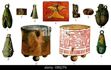 Präkolumbische mexikanische Objekte einschließlich Kupfer Schmuck (1-3 und 5-9), einem stilisierten goldenen Adler (4) und zwei lackierte Tontöpfe Stockfoto