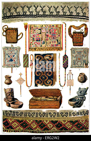 Präkolumbianischen Peru Objekte mit Beispielen von Baumwolle gegenständlicher Malerei und Taschen sowie kleine Töpfe aus Ton, zwei Stockfoto