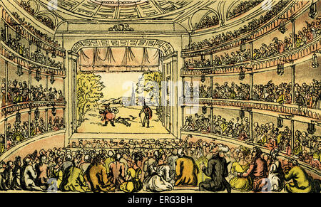 Dr Syntax am Covent Garden Theatre ", Illustration von Thomas Rowlandson aus"Doktor Syntax-Tour auf der Suche nach the Picturesque"von William Combe. Erstveröffentlichung 1812 (ursprünglich Aquarelle). Thomas Rowlandson 1756-1827. Stockfoto