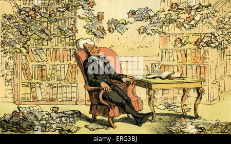 Dr Syntax - der Arzt Traum ", Illustration von Thomas Rowlandson aus"Doktor Syntax-Tour auf der Suche nach the Picturesque"von William Combe. Herr Doktor Syntax Träume Bücher in seiner Studie zu fliegen. Erstveröffentlichung 1812 (ursprünglich Aquarelle). Thomas Rowlandson 1756-1827. Stockfoto