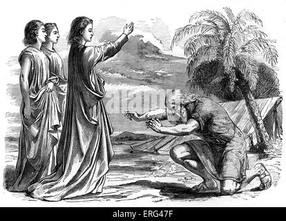 Abraham und die drei Engel: Abraham wird erzählt, dass seine Frau Sarah ihm einen Sohn (Isaac) tragen wird.   Genesis, Kapitel XVIII. Stockfoto