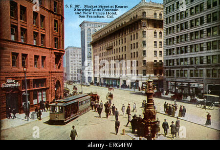 San Francisco: Marktstraße in Kearny zeigt Lotta Brunnen und New Palace Hotel. C.1900s. Stockfoto