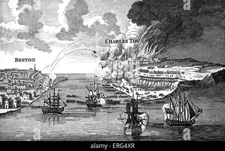 Angriff auf die Bunker Hill und Verbrennung von Charlestown.  Die Schlacht von Bunker Hill fand am 17. Juni 1775, Kolonialtruppen Stockfoto
