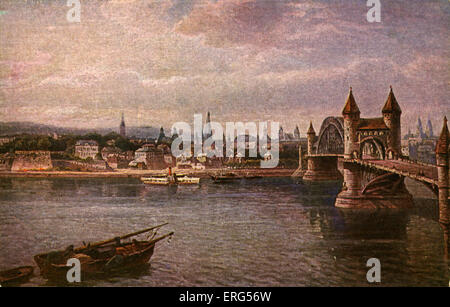 Alte Rheinbrücke - alte Brücke über den Fluss Rhein (Rhein) in Bonn, Deutschland. Postkarte. Während des zweiten Weltkriegs wurde die Brücke Stockfoto