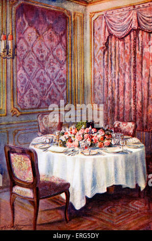 Frau Beeton Kochbuch - Tisch. Bildunterschrift lautet: "den Blumenschmuck, Gespräch zu erleichtern gering gehalten werden. ' Stockfoto