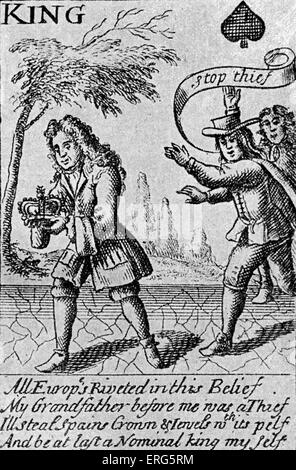 Spielkarten aus spanischen Erbfolgekrieg, 1701 – 1714. Satirische. Bildunterschrift lautet: "alle Europ genietet in diesem glauben, meine Stockfoto