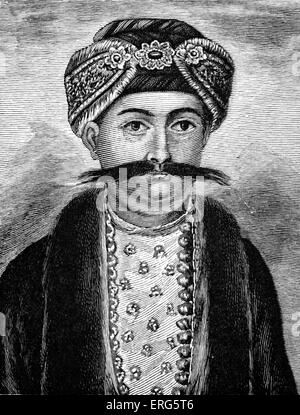 Siraj-Ud-Daulah (auch bekannt als Mîrzâ Muhammad Sirâj-Ud-Daulah / Surajah Dowlah), letzte unabhängige Nawab von Bengal, Bihar und Orissa (Landeshauptmann). Ende seiner Herrschaft markiert Beginn der Herrschaft der britischen Ostindien-Kompanie in Bengalen. "Sir Roger Dowlett" von Briten benannt. (Heutige Bangladesch und Indien). Siraj-Ud-Daulah (1733 – 1757) Stockfoto