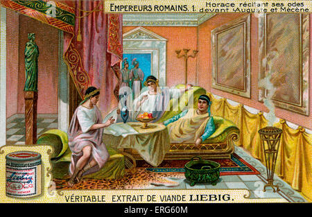 Roman Emperors - Liebig Fleisch Extrakt Sammelkartenspiel, 1907.  Vignette zeigt Horace Oden zu Augustus und Gaius lesen Stockfoto