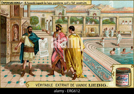 Roman Emperors - Liebig Fleisch Extrakt Sammelkartenspiel, 1907. Vignette mit Caracalla inspizieren die Bäder, die er gebaut hatte Stockfoto