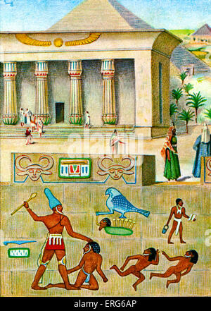 Den Ursprung und die Evolution des Schreibens - Bildunterschrift lautet: "Hierogliefen" [Hieroglyphen]. Hieroglyphen wurden als ein Schriftsystem verwendet. Stockfoto