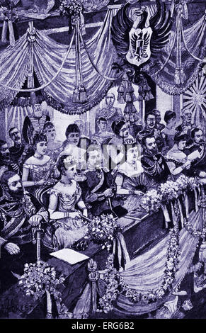 London - Publikum in königlichen Loge an der Covent Garden Opera, Ende des 19. Jahrhunderts. Queen Sie Victoria mit Prinz Albert und Besuch Stockfoto