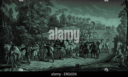 Infanterie auf dem Marsch: 18. Jahrhundert französische Armee auf Weg zum Krieg. Stockfoto