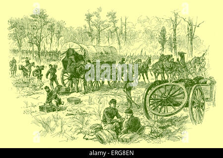 Schlacht in der Wilderness, Amerikanischer Bürgerkrieg. Munition an Union Generalmajor Gouverneur K. Warren V Corps verteilt wird, Stockfoto