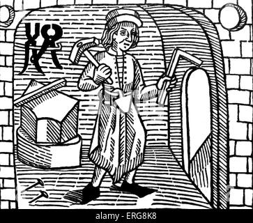 Baumeister des 15. Jahrhunderts. Holzschnitt aus William Caxtons dem Spiel der Kase, c. 1474. Englisch, Kaufmann, Diplomat, Schriftsteller und Stockfoto