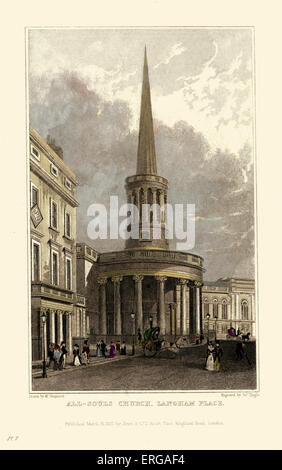 Londoner Ansichten: All - Souls Church, Langham Place. Gezeichnet von Thomas Hosmer Shepherd 1792 – 1864. Gestochen von J. Tingle. 31. März 1827 veröffentlicht. Hand-gefärbt Stockfoto