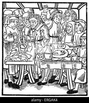 Juden von Sternberg als durchgehenden Gastgeber vertreten. Anti-Semitic Holzschnitt aus Lübeck 1492. (Beschmutzung der Host oder Heilige Wafer der Masse. Im Mittelalter waren die Juden häufig beschuldigt Entweihung der Wirt, ein Vorwurf gleich in der Schwerkraft der Entweihung der Reliquien und Bilder von Jesus und den Heiligen. Diese Anklage hat Tausende von Juden auf dem Scheiterhaufen gebracht. Die Juden wurden behauptet um den Host zu stehlen oder es durch Kauf oder Bestechung zu erwerben, um es zu brechen oder finden Sie es, zu kleben Nadeln hinein oder durchbohren, woraufhin er begann zu bluten.) Anti-jüdischen Verleumdungen Stockfoto