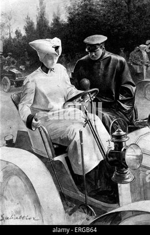 Dame, die ihre erste Fahrstunde - Illustration von Louis Rémy Sabattier (1863-1935). 1900, Frankreich. Hinweis Gesichtsschutz tragen. Stockfoto