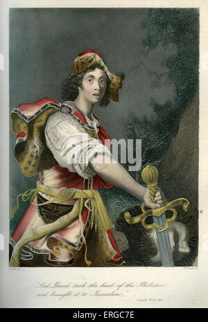 David tötet Goliath. Bildunterschrift lautet: "und David nahm den Kopf von der Philister, und brachte ihn nach Jerusalem. "Samuel 17, Vers 54. Nach einem Kupferstich von W Französisch. Stockfoto