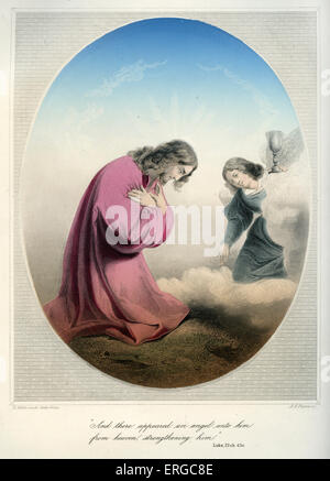 Jesus betet im Garten, von einem Engel getröstet / Todesangst im Garten. Bildunterschrift lautet: "und es erschien ein Engel zu ihm Stockfoto