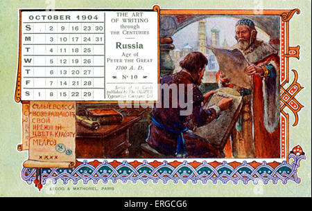 Die Kunst des Schreibens durch die Jahrhunderte - Russland während des Zeitalters der Peter der große, 1700. 1904 (mit Kalender für Oktober). Stockfoto