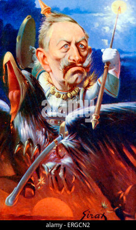 Kaiser Wilhelm II - Karikatur von Sirat. Letzten deutschen Kaiser: 27. Januar 1859 – 4. Juni 1941. Zeigt den Kaiser in Rüstung auf der Rückseite ein Adler. Karikatur von Joseph Sirat, französischer Illustrator: 1869-1936. Beschriftung auf Rückseite lautet: "Der Kaiser, Delirium, will alles, sogar den Mond" ("Le Kaiser En Délire, Avoir Veut Tout, Même la Lune.") Stockfoto