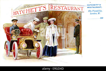 Werbung für die Hatchett Restaurant, London. 67a Piccadilly. Zeigt zwei Frauen und ein Mann betreten Hatchetts Restaurants. Nach dem Aufstehen aus ihrem Chauffeur Gefahren Auto. Stockfoto