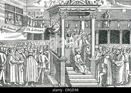 Latimer Predigt vor Edward VI. Aus einem Holzschnitt in Foxes "Märtyrer", 1563. Hugh Latimer, Bischof von Worcester, Fellow des Clare College, Cambridge und Kaplan von König Edward VI: c. 1487 – 16. Oktober 1555. Stockfoto
