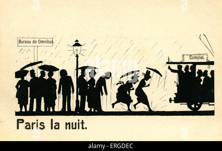 Paris bei Nacht ("Paris la Nuit"), um 1900. Passagiere warten auf Omnibus. Bus auf richtige lautet "voll" ("Complet") anmelden. Stockfoto