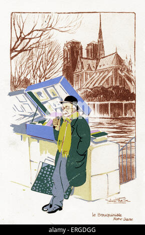 Buch-Verkäufer ("Le Bouquiniste), Paris, um 1900.  Kleines Buch stand am Ufer der Seine, mit Ansicht von Notre Dame Stockfoto