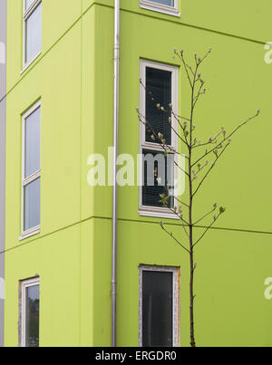 Moderne norwegische Architektur, Appartementhaus in Sandnes-Norwegen mit einem Element der kräftigen frischen Farben Stockfoto