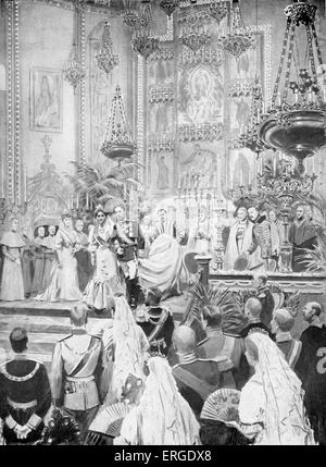 König Alfons von Spanien Hochzeit mit Prinzessin Victoria Eugenie Ena - Madrid, 31. Mai 1906. Nichte von Edward VII. Von S. Begg der Periode zu verdeutlichen zeigt das Paar verlässt den Altar in der Kirche von San Jerónimo. Alfonso XIII von Spanien, König von Spanien aus dem Jahr 1886 bis 1931, 17. Mai 1886 – 28. Februar 1941. Stockfoto