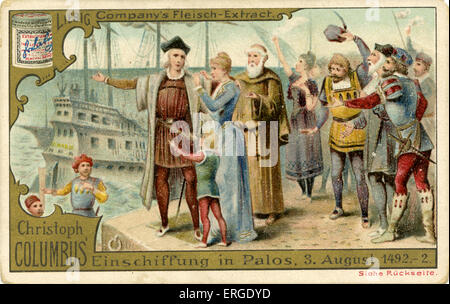 Christopher Columbus Einschiffung von Palos, Spanien, 3. August 1492.  1892 veröffentlichte.   Liebig Company Sammelkarten-Serie: Stockfoto