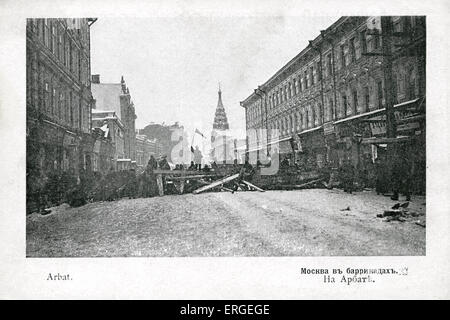 Straße Barrikaden während der russischen Revolution von 1905 - Arbat, Moskau. Welle der politischen und sozialen Unruhen, die sich durch Stockfoto