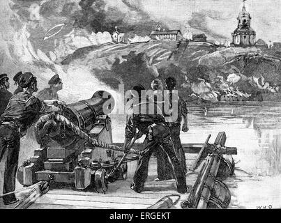 Belagerung von Taganrog - während des Krimkrieges (1853 – 1856). Bombardierung von Taganrog aus dem britischen Floß während der ersten Belagerung Stockfoto