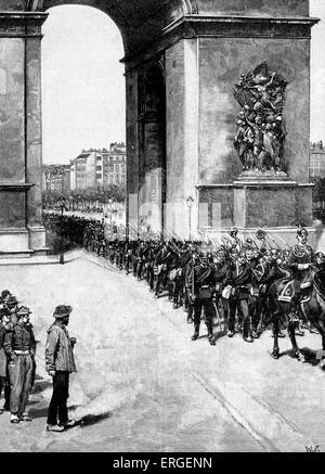 Franco - preussischen Krieg: Preußische Truppen in Paris, Frankreich, 1870. Unterquerung der Arc de Triomphe während Belagerung von Paris (19