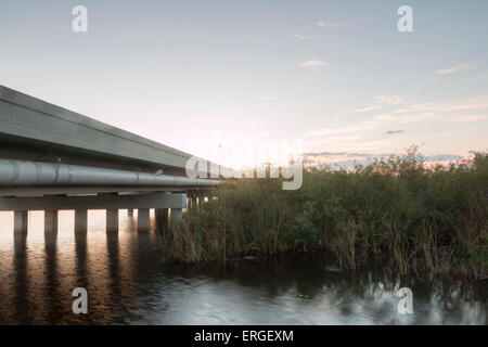 Natürliche Wasser fließt unter The One Mile Bridge des Tamiami Trail in die Everglades. Stockfoto