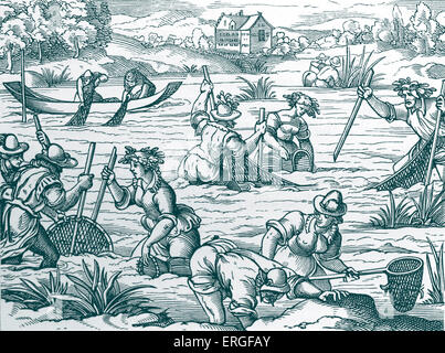 Angeln im Fluss - von Faksimile der Holzschnitt in der lateinischen Ausgabe des Plinius (Gaius Plinius Secundus, der ältere, römischer Autor, Stockfoto